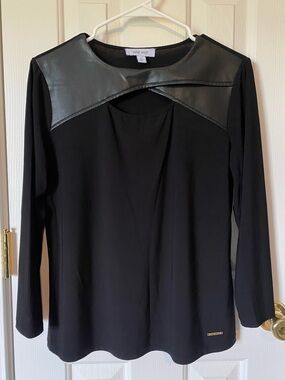 Nine West Black Long Sleeve Top with Faux-Leather Yoke